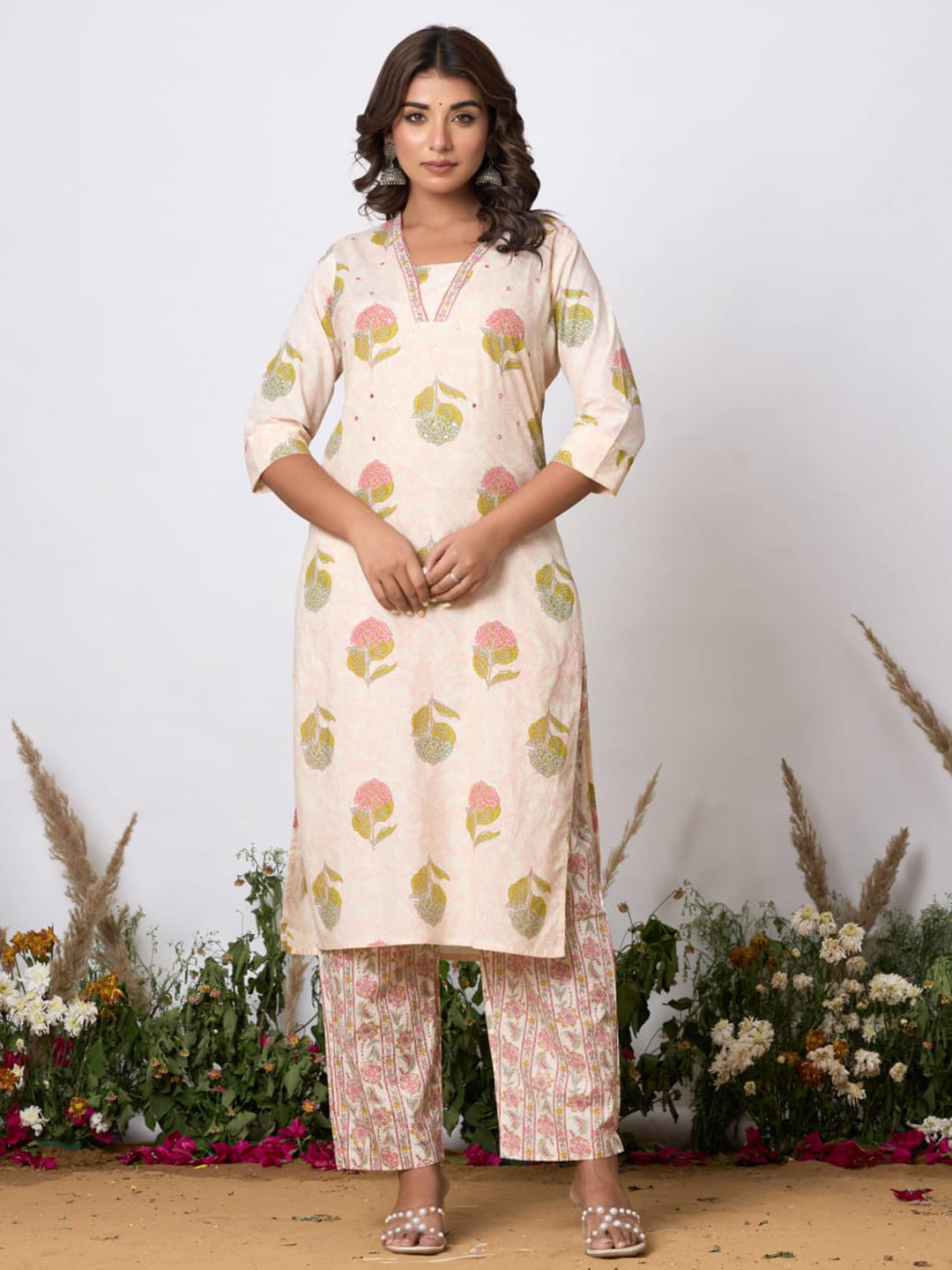 Printed Cotton Blend Kurta With Pants & Dupatta