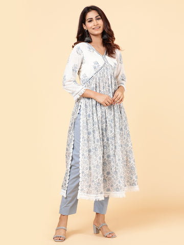 Floral Printed Lace Cotton Kurta With Pants & Dupatta