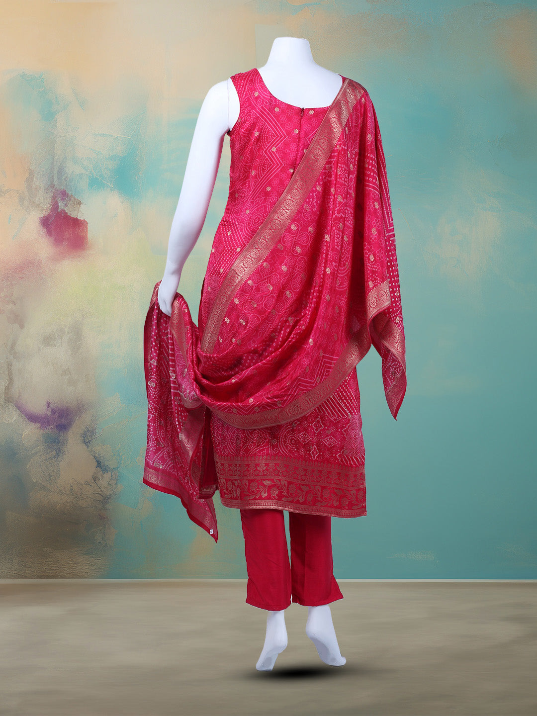 Bandhani Printed Art Silk Kurta With Pants & Dupatta