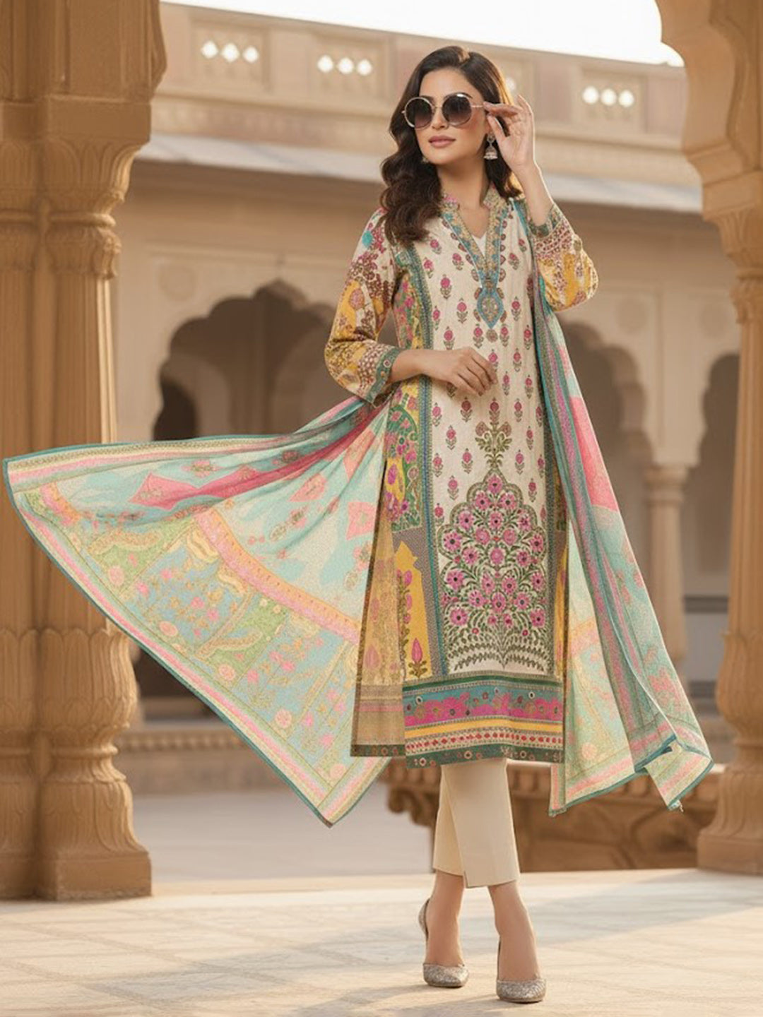 Printed Cotton Kurta With Pant &amp; Dupatta