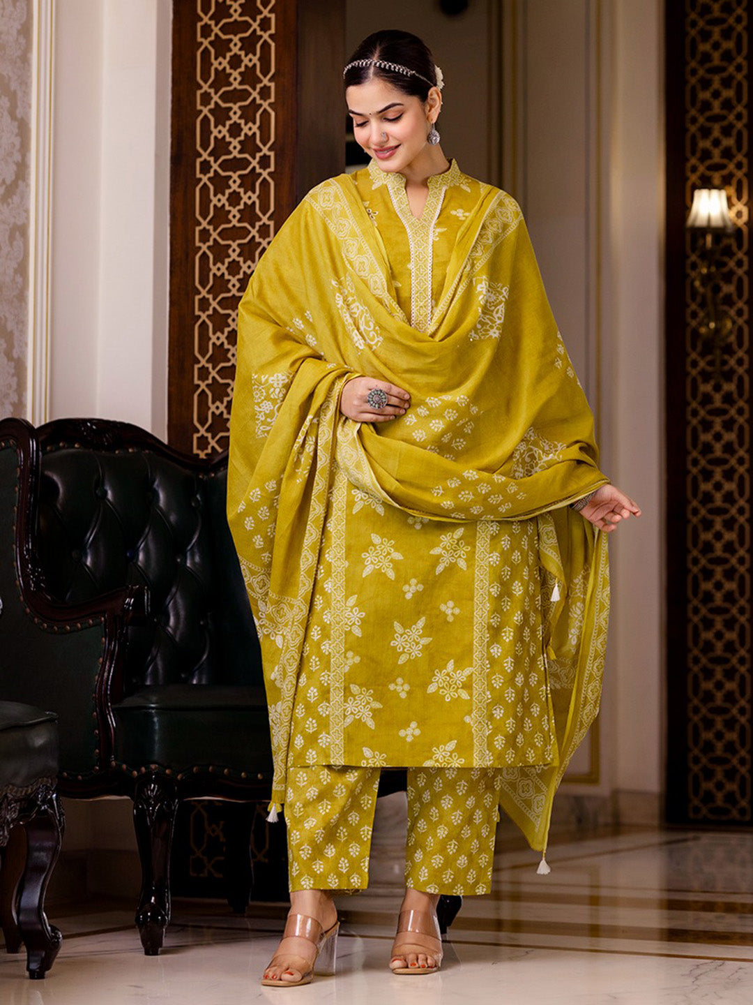 Printed Cotton Blend Kurta With Pants & Dupatta