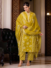 Printed Cotton Blend Kurta With Pants & Dupatta