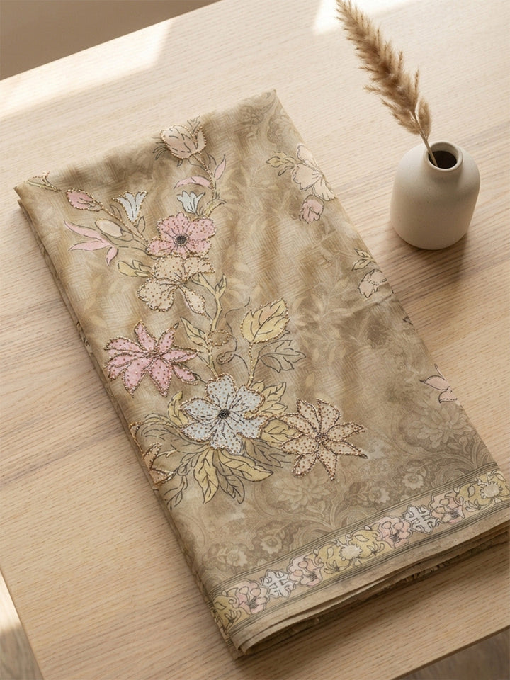 Embroidered Muslin Unstitched Suit With Pant &amp; Dupatta