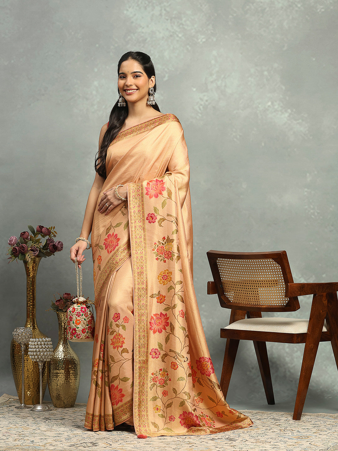 Floral Printed Woven Design Dola Silk Saree