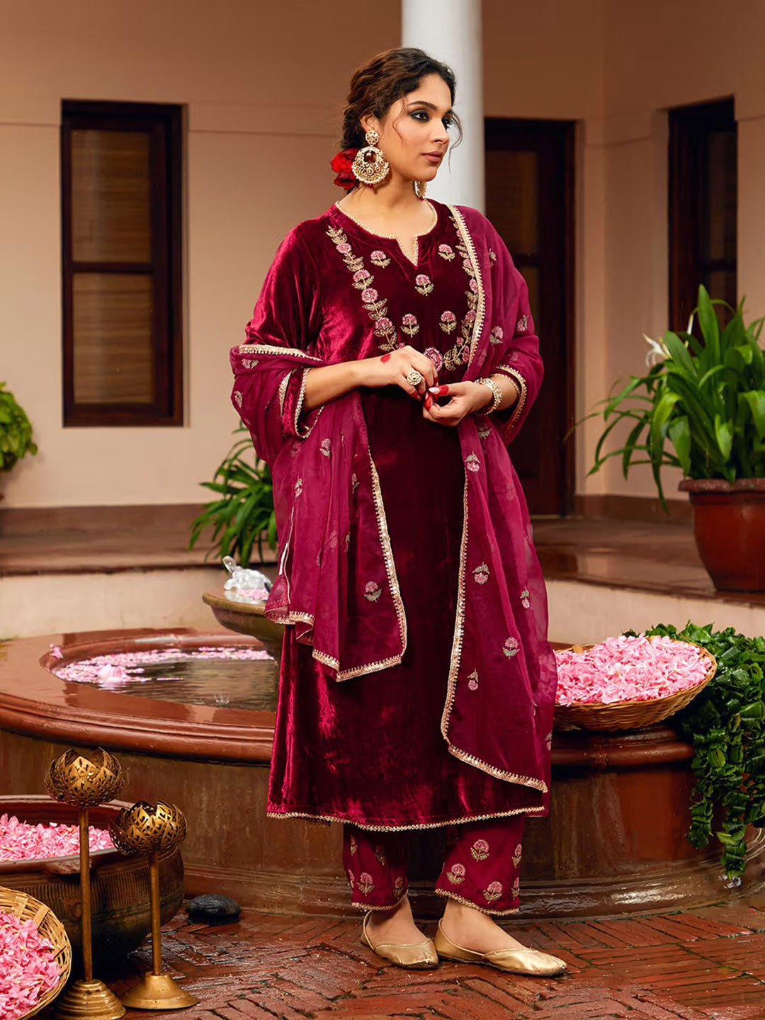 Embroidered Velvet Kurta With Pants &amp; Dupatta