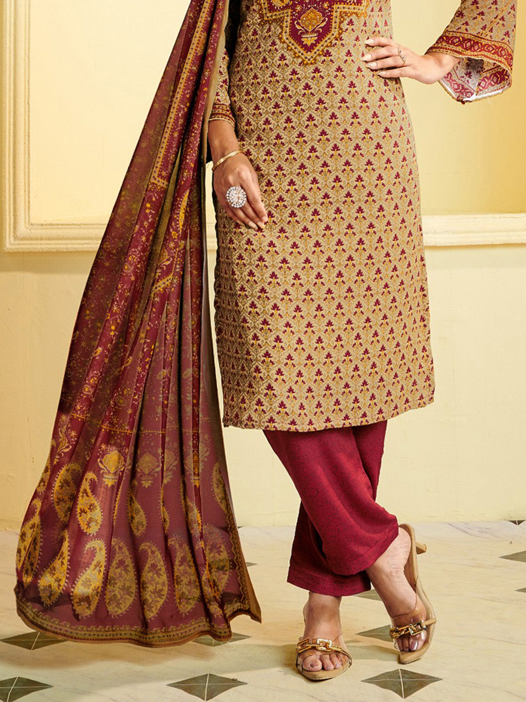 Printed Crepe Unstitched Suit With Pant &amp; Dupatta