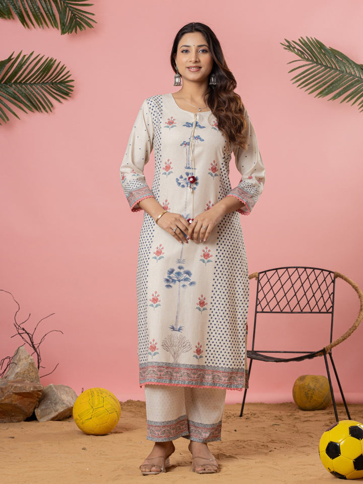 Cream Cotton Blend Printed Straight Suit Set