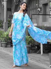Printed Georgette Readymade Saree With Stitched Blouse