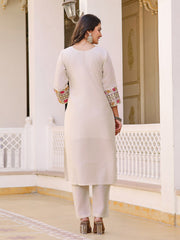 Neck Embroidery Cotton Blend Kurta With Pants & Dupatta