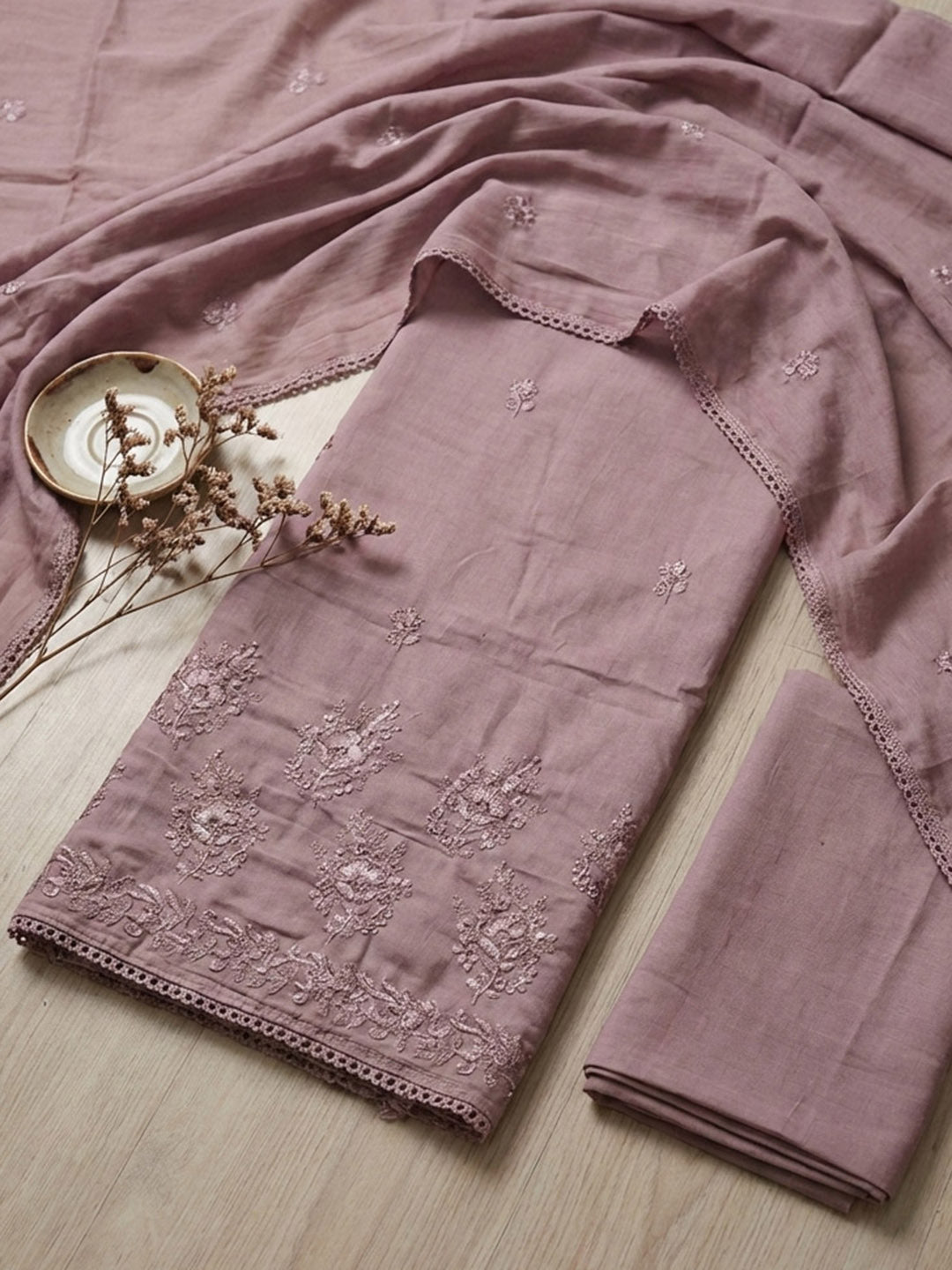 Printed Cotton Blend Unstitched Suit With Pant &amp; Dupatta