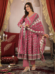 Floral Print Cotton Kurta With Pants & Dupatta