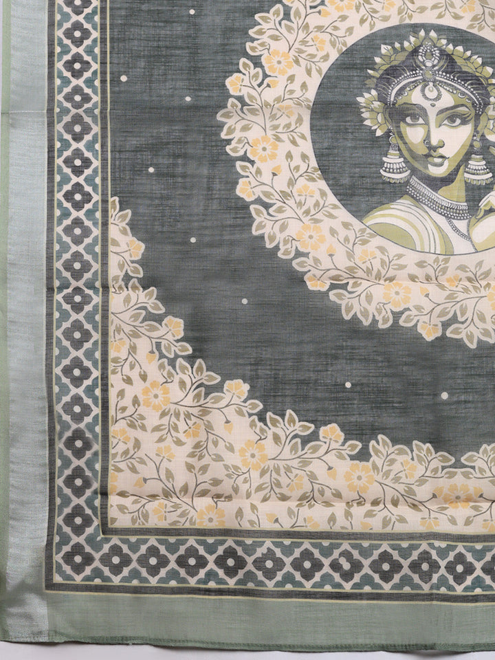 Printed Linen Blend Unstitched Suit With Pant &amp; Dupatta