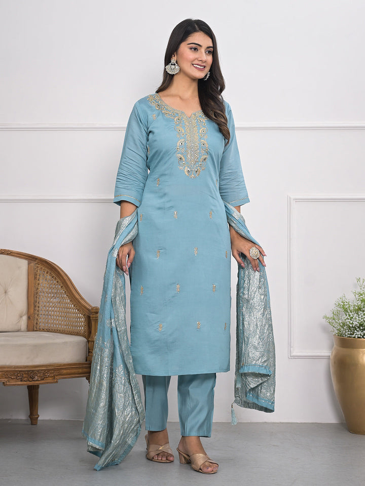 Neck Embroidery Muslin Kurta With Pants &amp; Dupatta