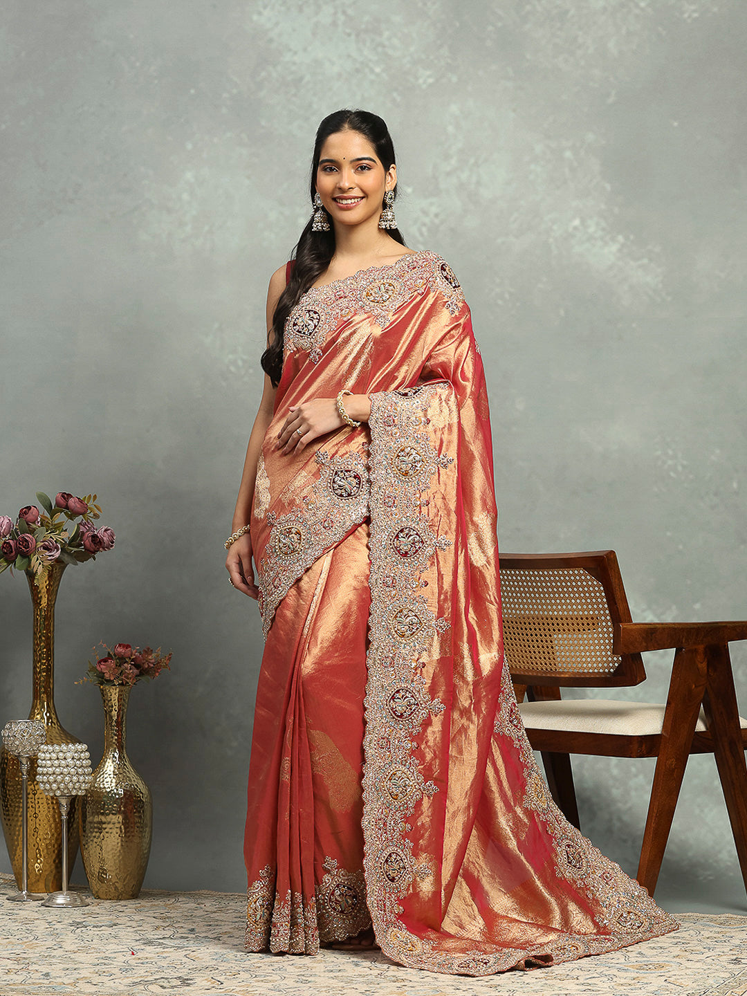 Zari Jaal &amp; Sequin Embroidered Tissue Saree