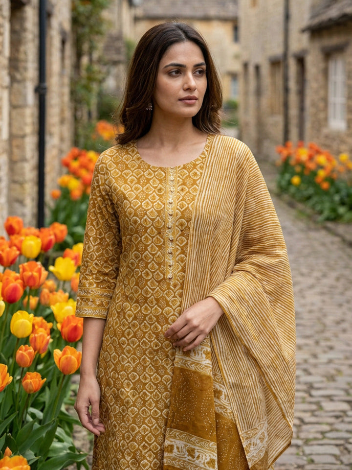 Printed Cotton Blend Kurta With Pant &amp; Dupatta