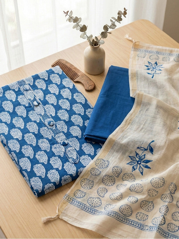 Printed Cotton Blend Unstitched Suit With Pant &amp; Dupatta