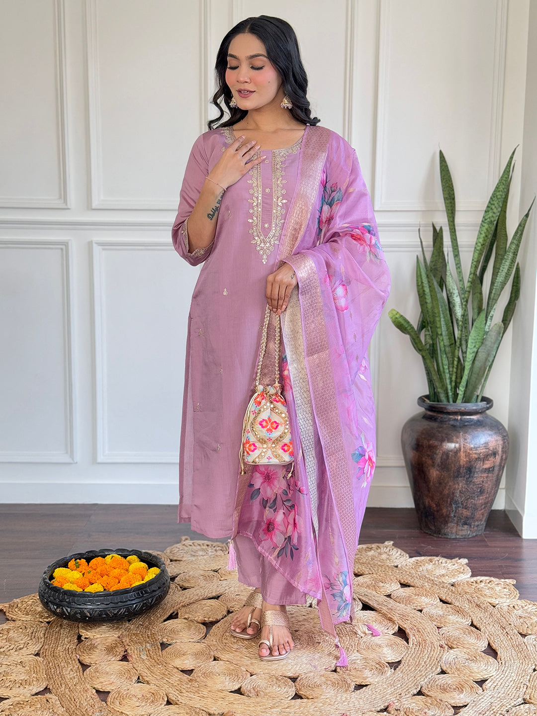 Neck Embroidery Cotton Blend Kurta With Pants &amp; Dupatta