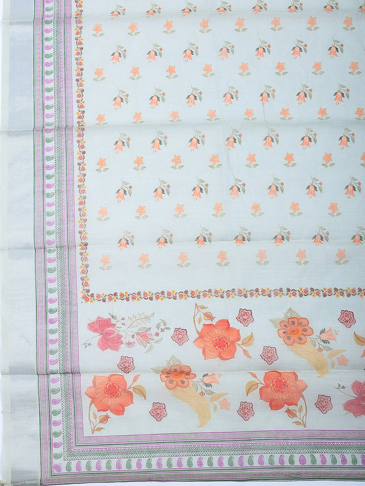 Printed Linen Blend Unstitched Suit With Pant &amp; Dupatta