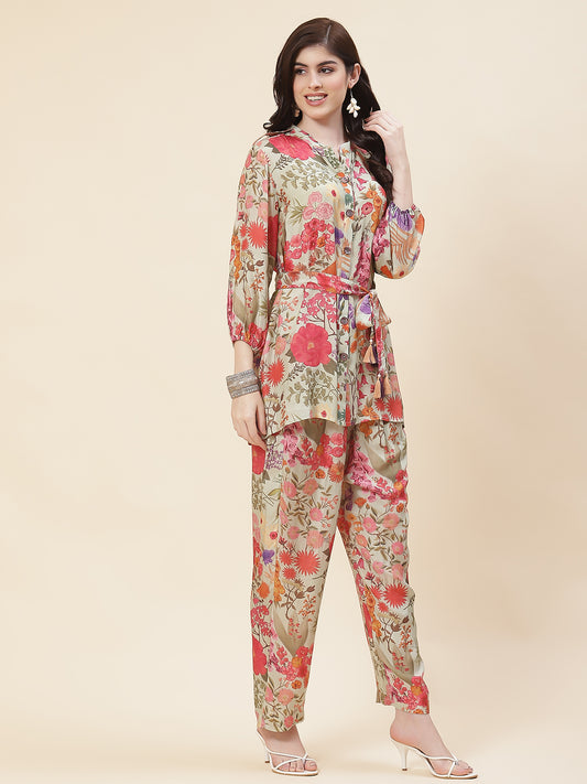 Floral Printed Crepe Co-Ord Set With Belt
