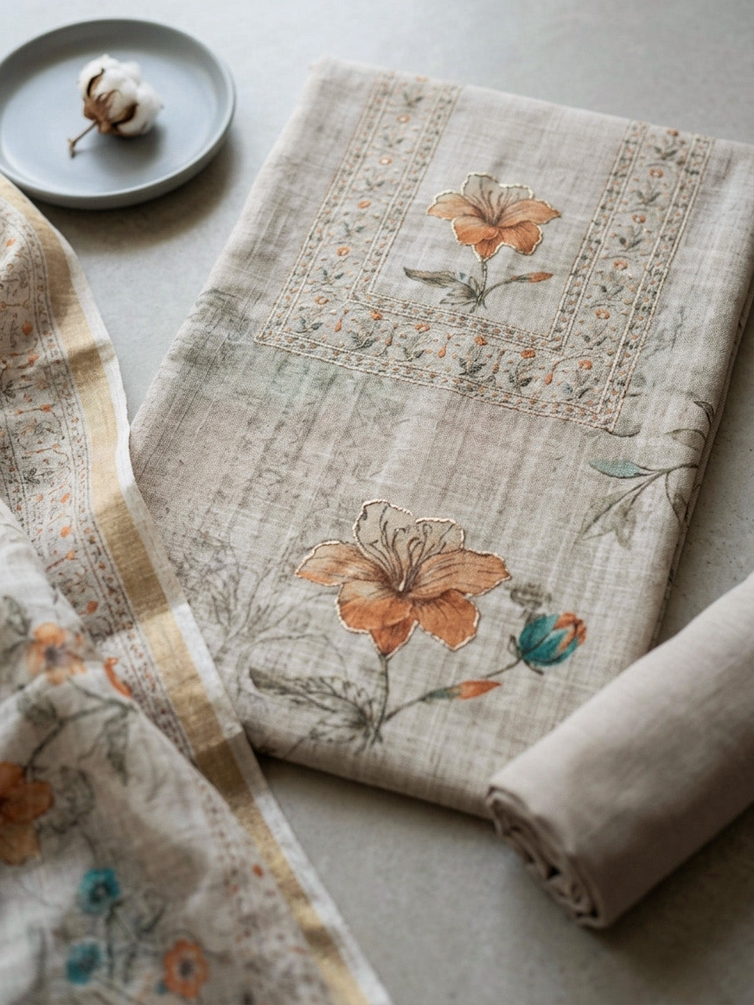 Printed Linen Blend Unstitched Suit With Pant &amp; Dupatta