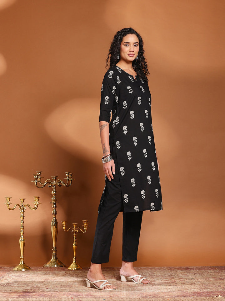 Black Cotton Blend Printed A Line Suit Set