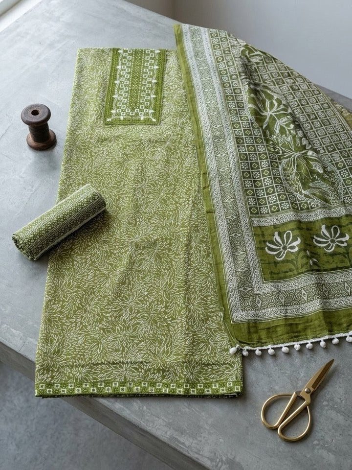 Embroidered Cotton Blend Unstitched Suit With Pant &amp; Dupatta