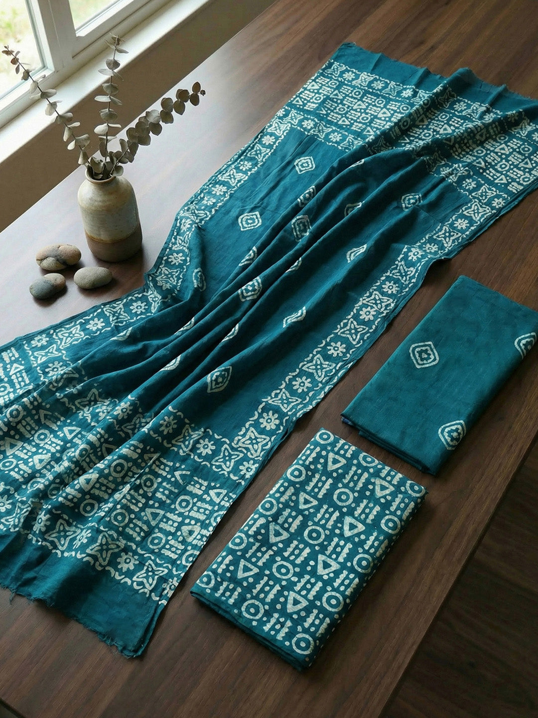 Printed Cotton Blend Unstitched Suit With Pant &amp; Dupatta
