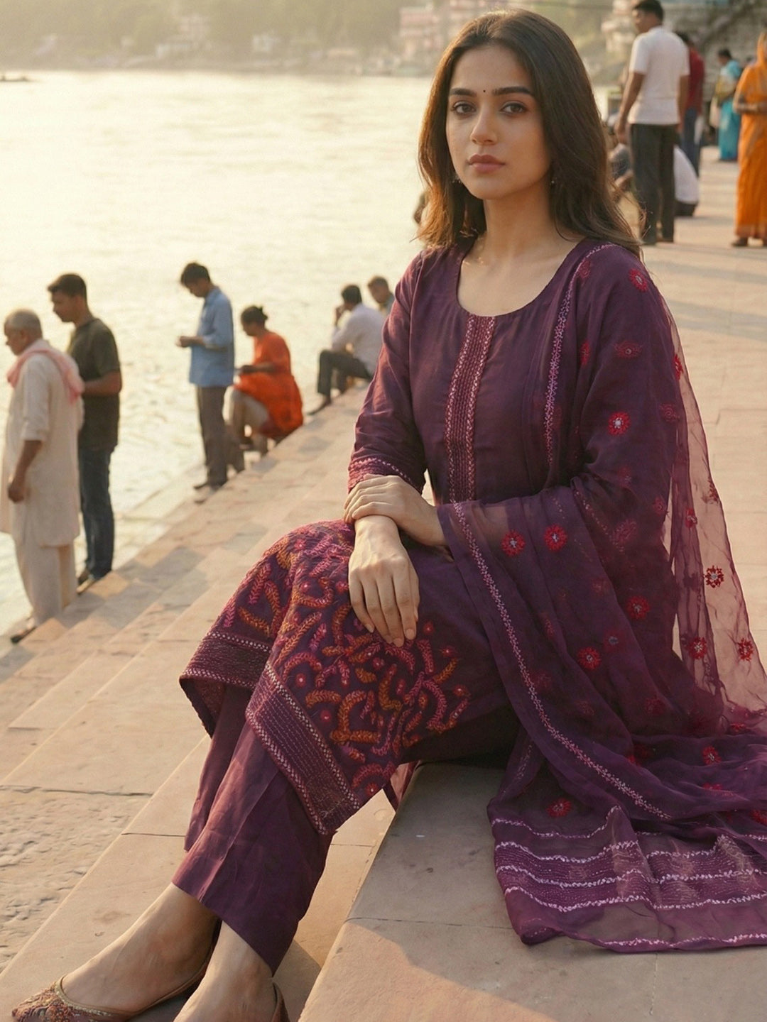 Wine Art Silk Printed Straight Suit Set