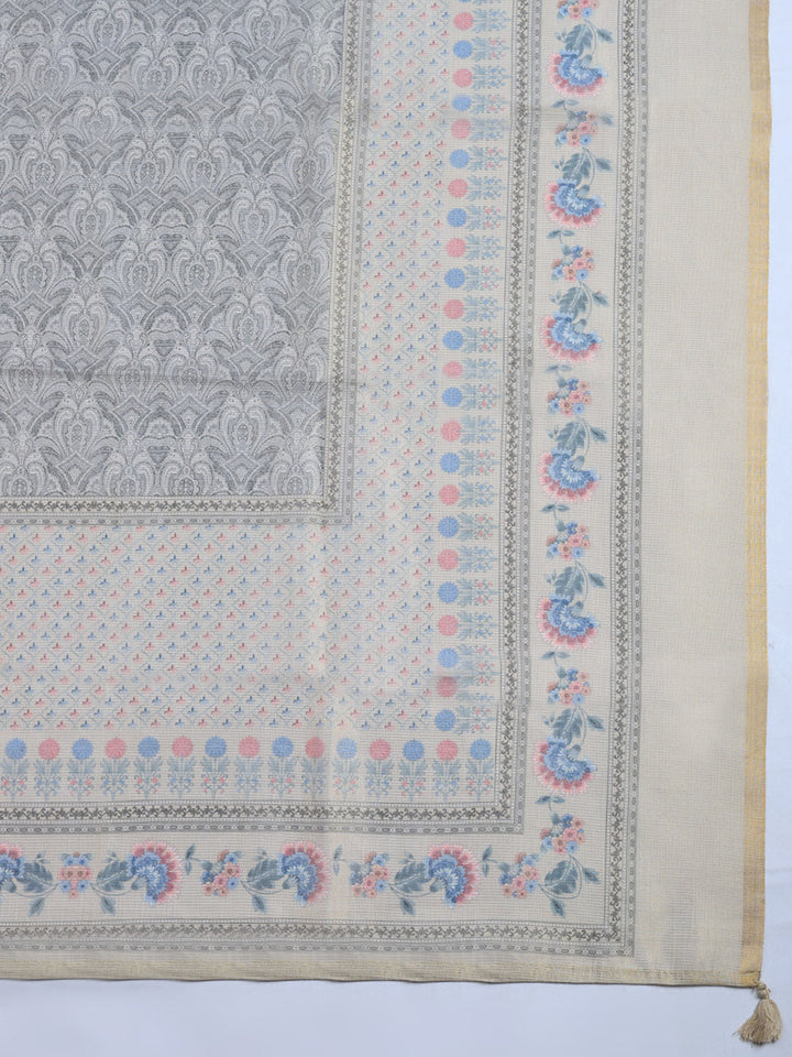 Printed Linen Blend Unstitched Suit With Pant &amp; Dupatta