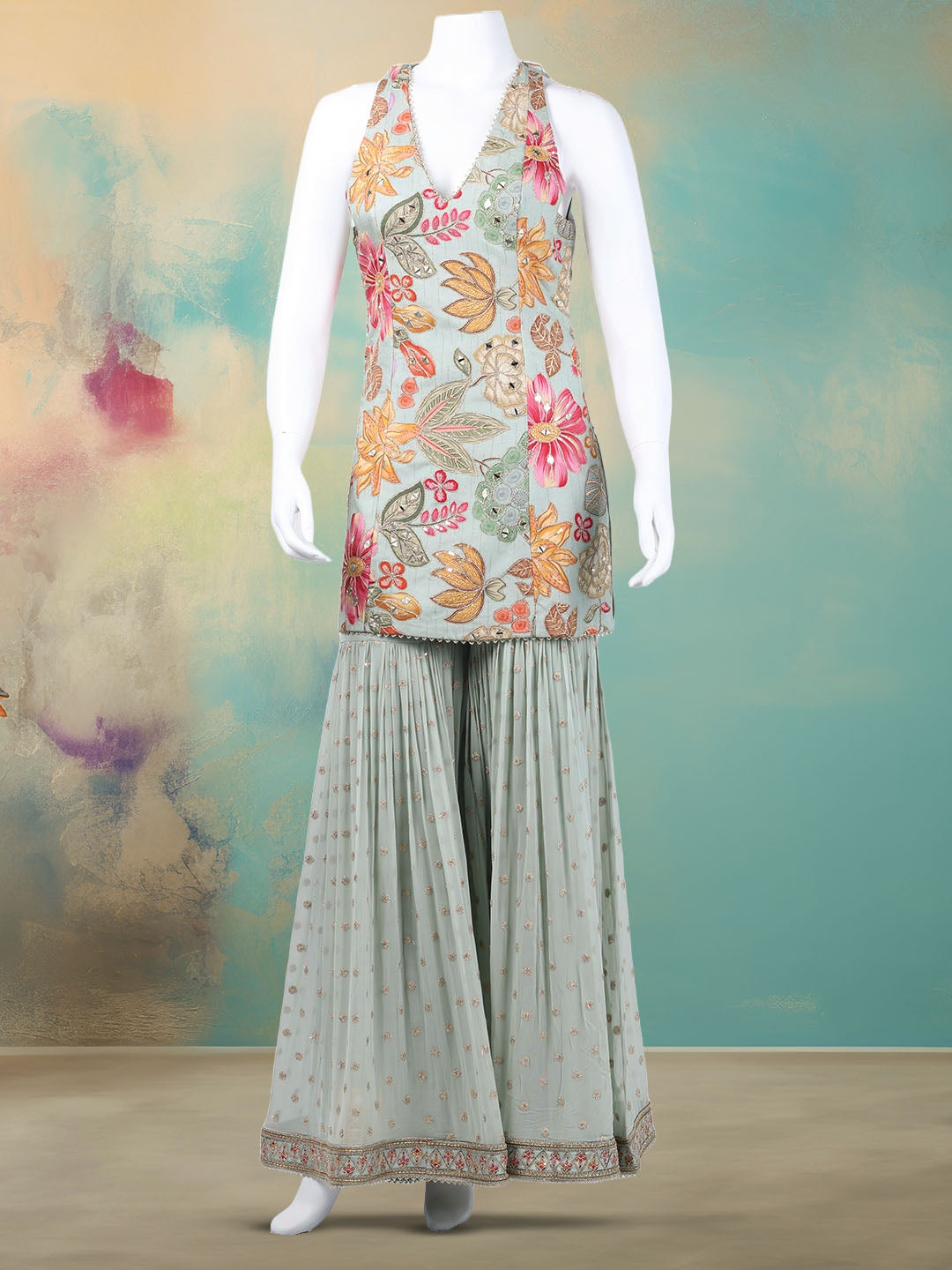 Embroidered Georgette Kurta With Garara &amp; Dupatta