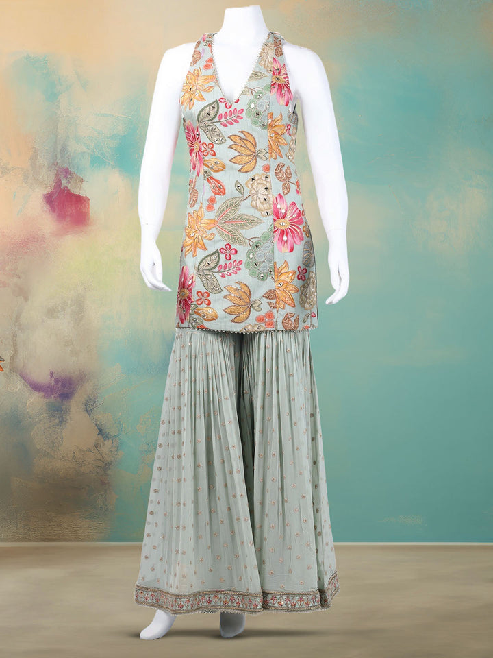 Embroidered Georgette Kurta With Garara &amp; Dupatta