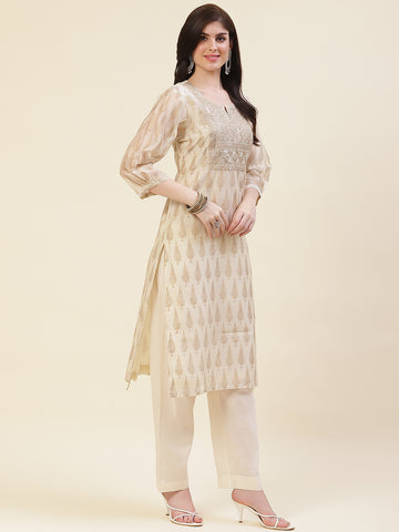 Neck Embroidered & Printed Muslin Kurta With Pants