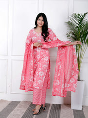 Printed Cotton Blend Kurta With Pants & Dupatta