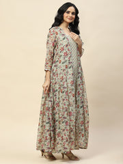 Floral Printed Cotton Gown Dress With Jacket