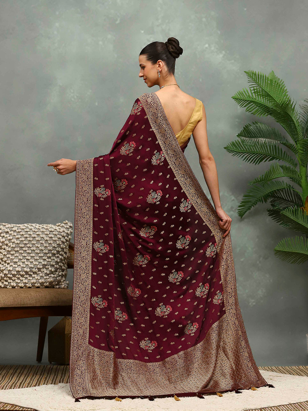 Stone Work Satin Embroidery Saree