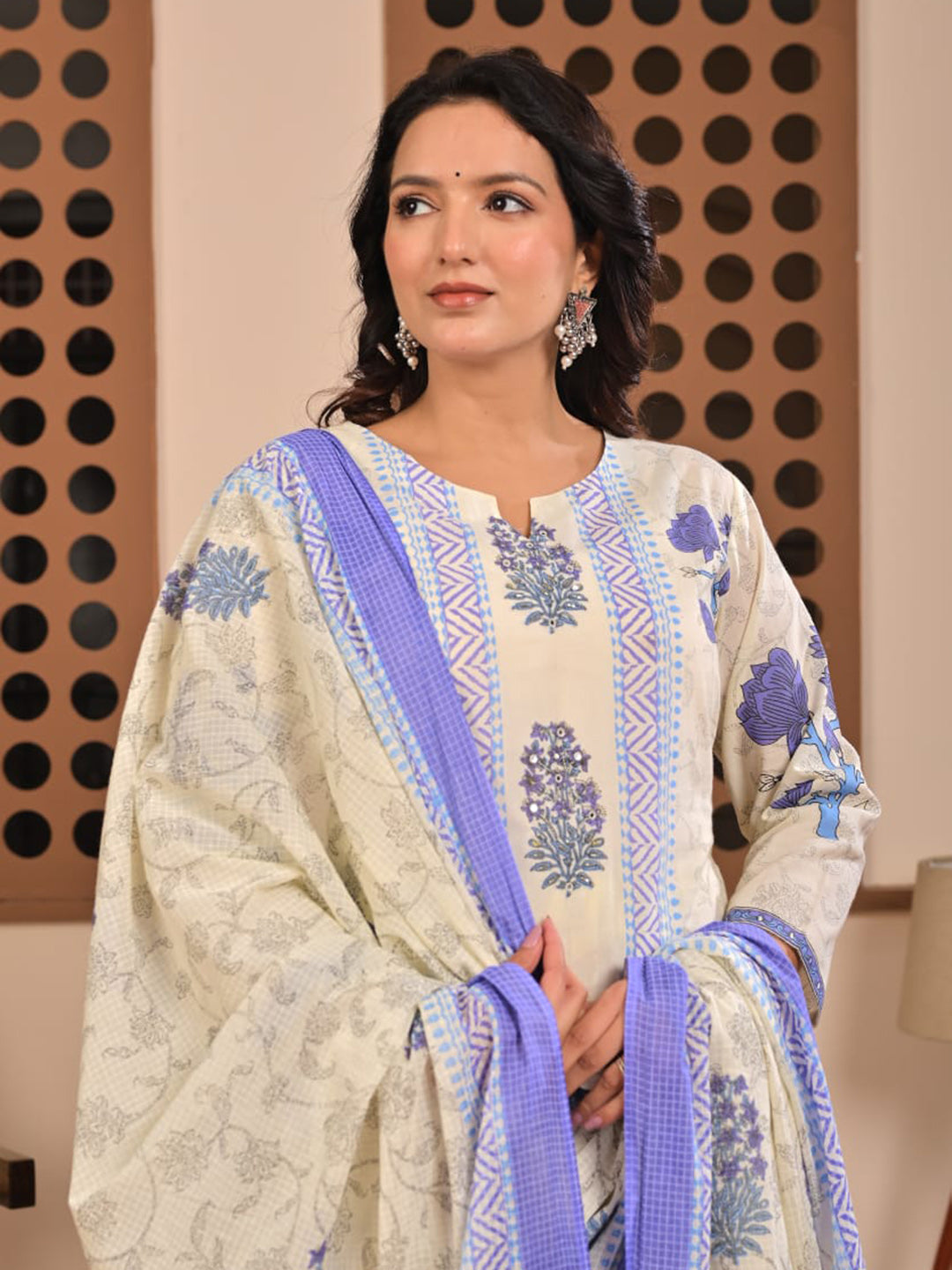 Blue Printed Cotton Blend Straight Suit Set With Dupatta