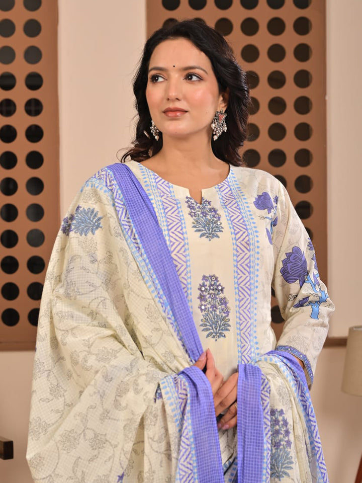 Blue Printed Cotton Blend Straight Suit Set With Dupatta