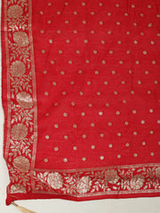 Embroidered Chanderi Cream-Red Unstitched Suit With Pant & Dupatta