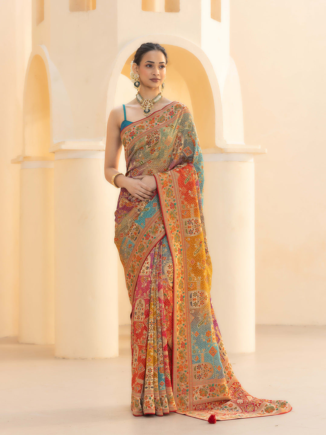 Printed &amp; Plain Georgette Saree