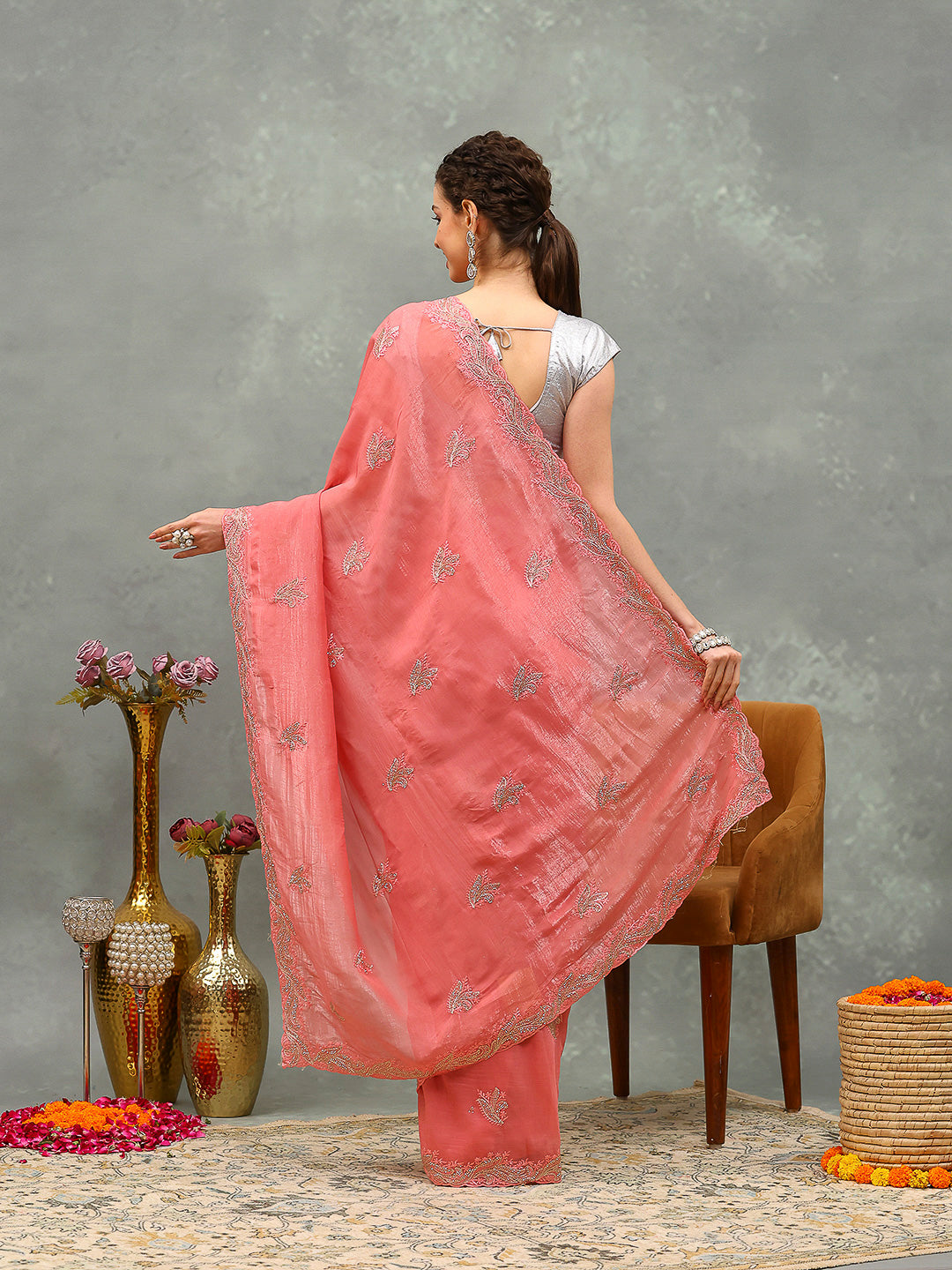 Thread Embroidered Chiffon Saree