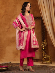 Neck Zari Embroidery Tissue Kurta With Pants & Dupatta