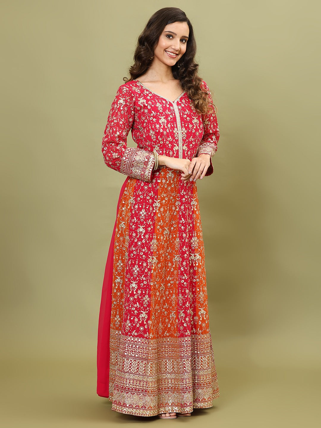 Embroidered Sequin Georgette Anarkali With Pants & Plain Dupatta