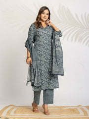 Embroidered Cotton Blend Kurta With Pant & Dupatta