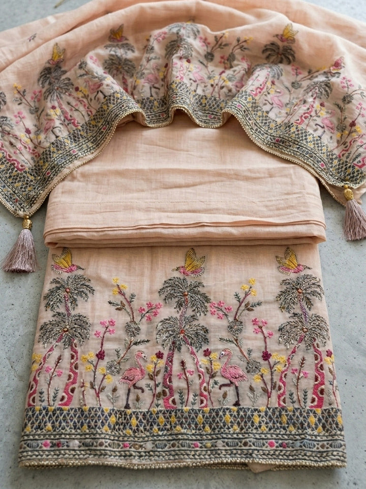 Embroidered Linen Blend Unstitched Suit With Pant &amp; Dupatta