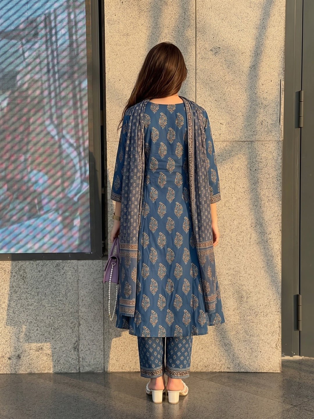 Blue Printed Cotton Blend Kurta With Pant &amp; Dupatta