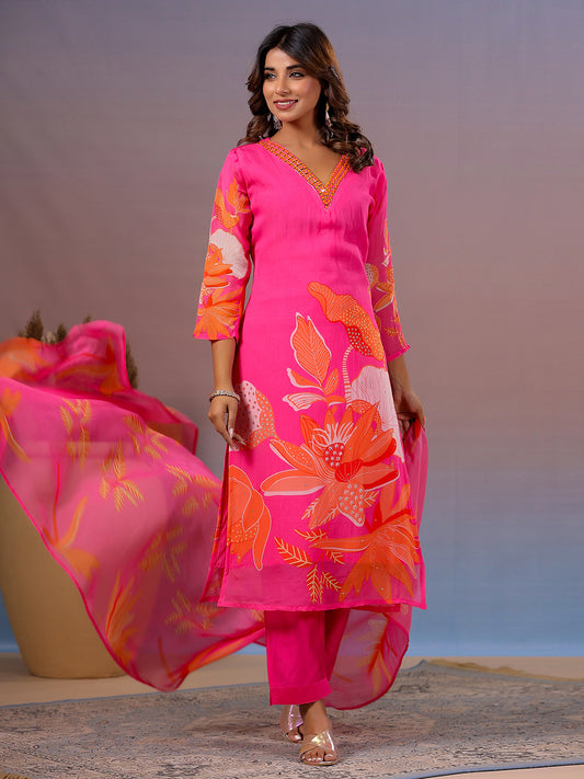 Neck Embroidery Organza Kurta With Pants & Dupatta