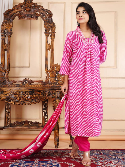 Neck Embroidery Cotton Blend Kurta With Pants & Dupatta