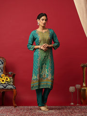 Embroidered Muslin Sea Green Kurta With Pant & Dupatta