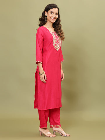 Neck Embroidery Cotton Blend Kurta With Pants & Dupatta