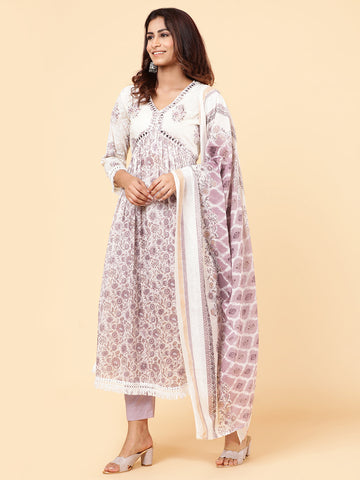 Floral Printed Lace Cotton Kurta With Pants & Dupatta